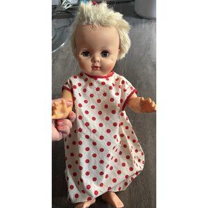 Vintage 1960’s Doll With White And Red Poka Dot Dress